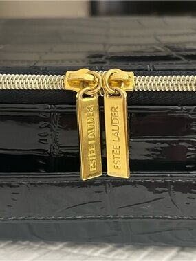 Estee Lauder Black Patent Cosmetic Case with Gold Zipper Pulls